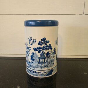 Blue Willow Tin Canister with Lid Blue & White Chinoiserie Kitchen Storage, Vint